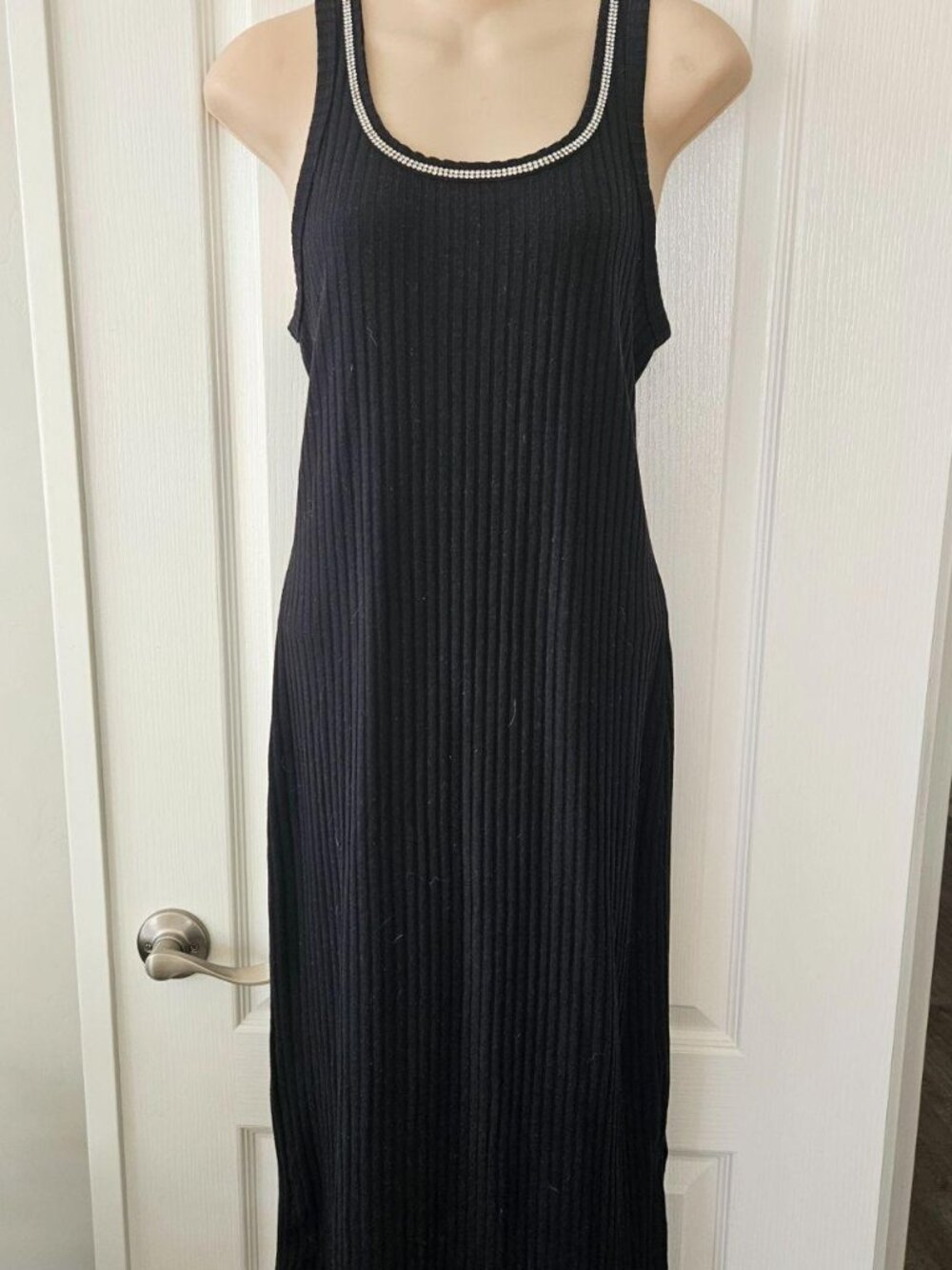 Black Ribbed Midi Dress Beaded Neckline Bodycon Minimalist Chic